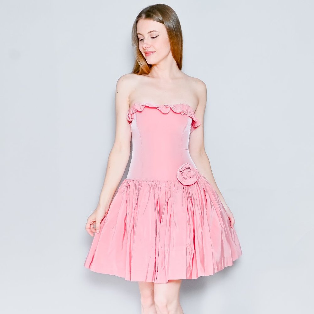 VINTAGE Béatrice Bécard RARE Pink Fit Corset Bodice Rose Full Mini Dress XS